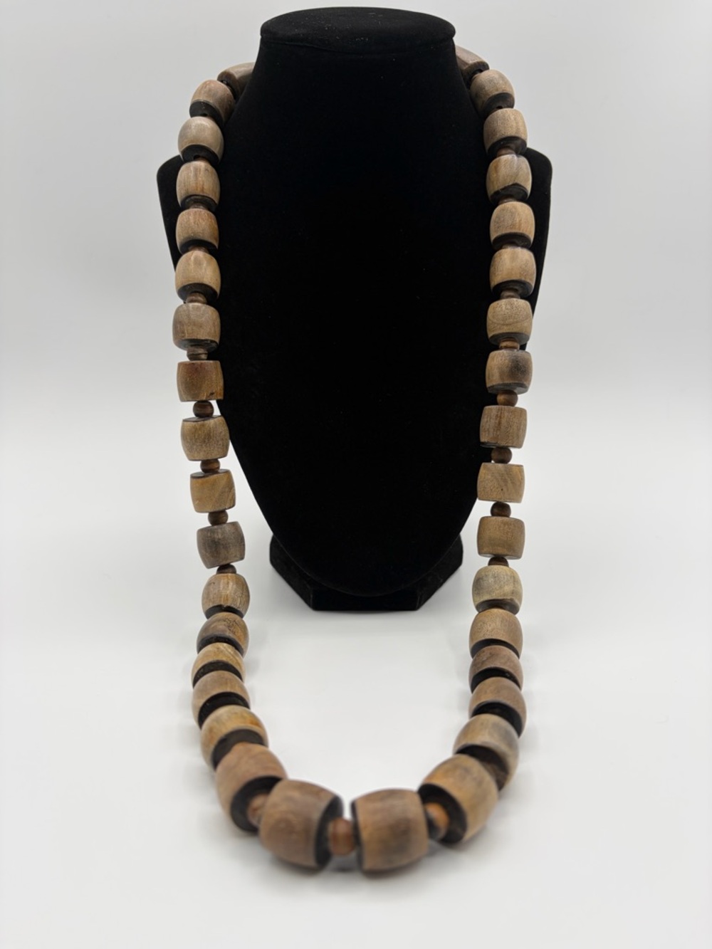 Artisan Wood Bead Necklace Tribal Boho Natural Statement Long Strand